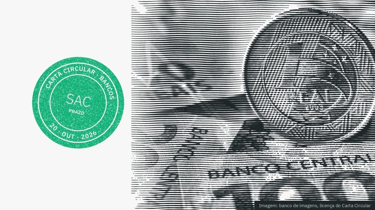 Moeda de um real sobre cédulas de R$ 100 e R$ 200 em gravura, com o carimbo do Carta Circular com a inscrição SAC e a palavra prazo.