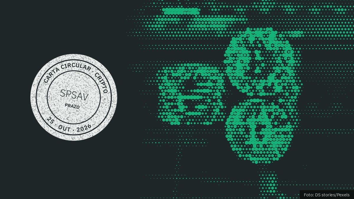 Retícula verde de moedas de bitcoin, com o carimbo do Carta Circular na editoria Cripto, sigla SPSAV, tipo Prazo, 25 de outubro de 2026.