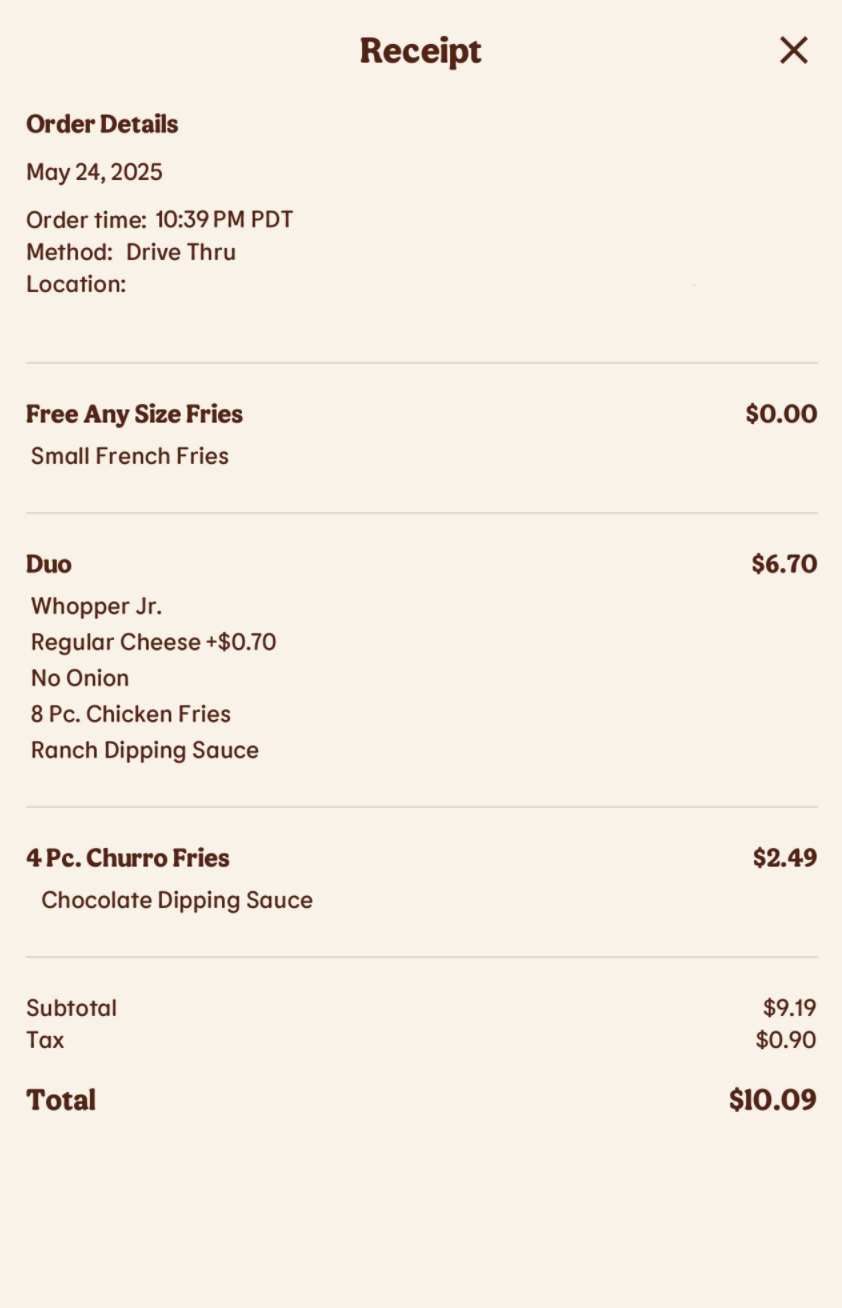 bk order screenshot. order includes: small fry (free), whopper jr w/ cheese, no onion, 8 pc chicken fries with ranch, 4 pc churro fries)