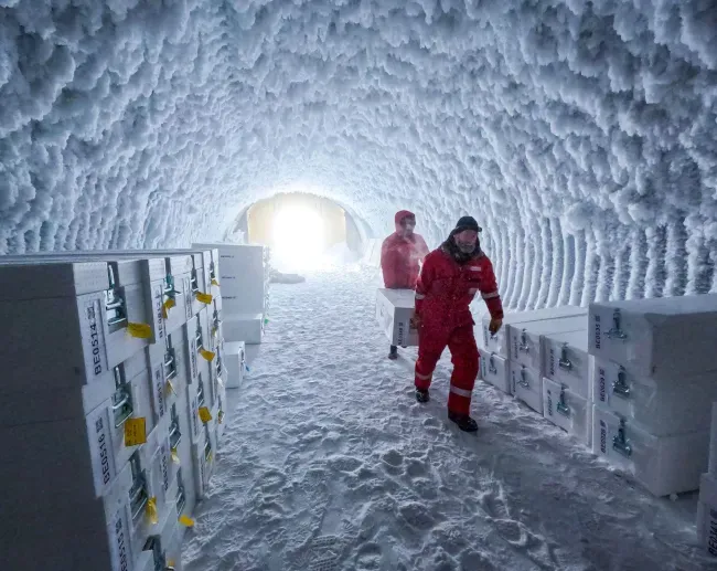 Des scientifiques stockent des casiers d'archives dans une caverne de glace.