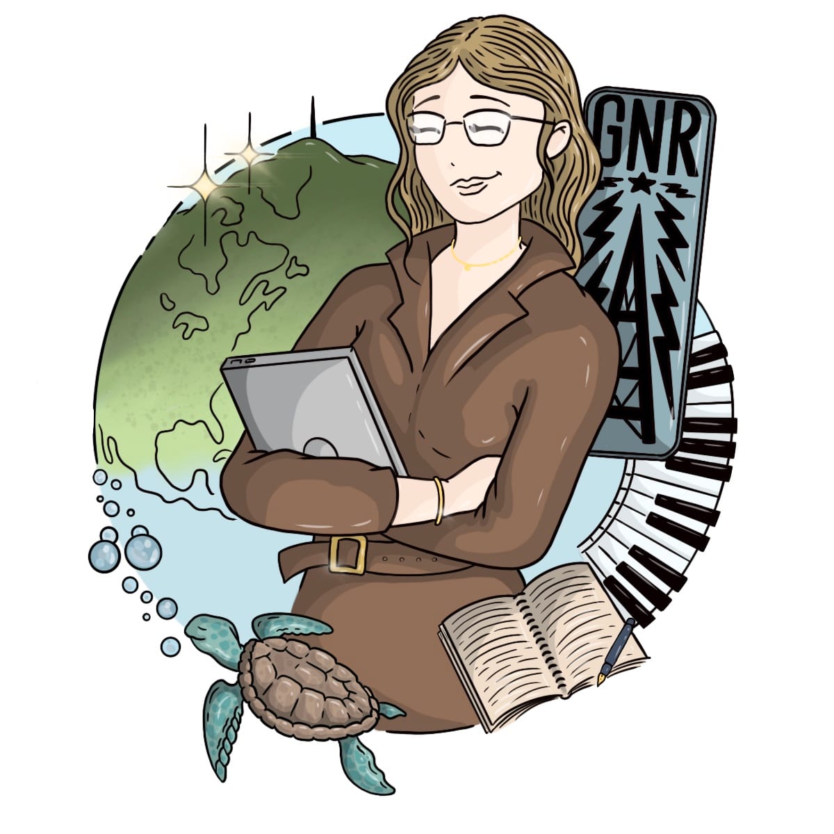 Portrait de l'autrice. Sur le dessin figurent, de manière stylisée, un clavier de piano, une tortue marine, un globe terrestre, un carnet de notes et le logo de Galaxy News Radio.