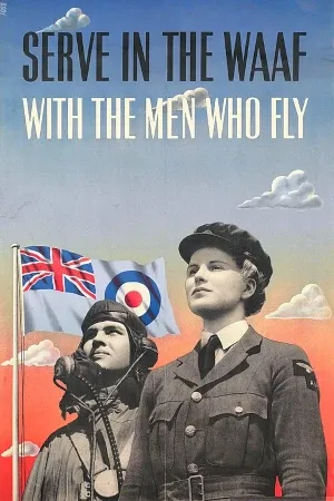 Affiche de recrutement montrant, debout devant le ciel, un aviateur en tenue de pilote et, à ses côtés, une femme en uniforme. Tous deux regardent vers l’horizon. Un drapeau du Royaume-Uni flotte en arrière-plan.