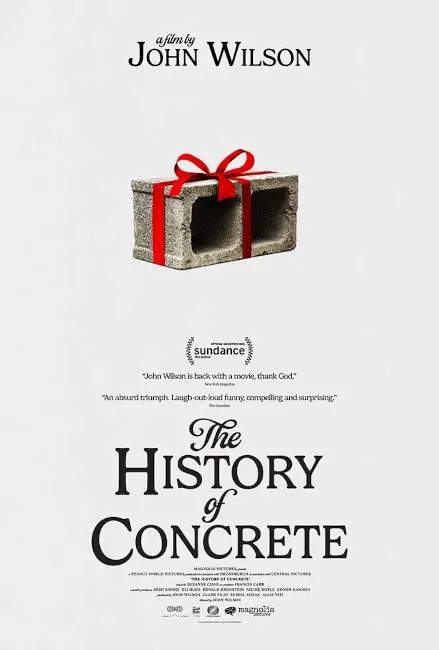 Affiche du film The History of Concrete. C'est un parpaing sur fond blanc, mais entouré d'un noeud rouge