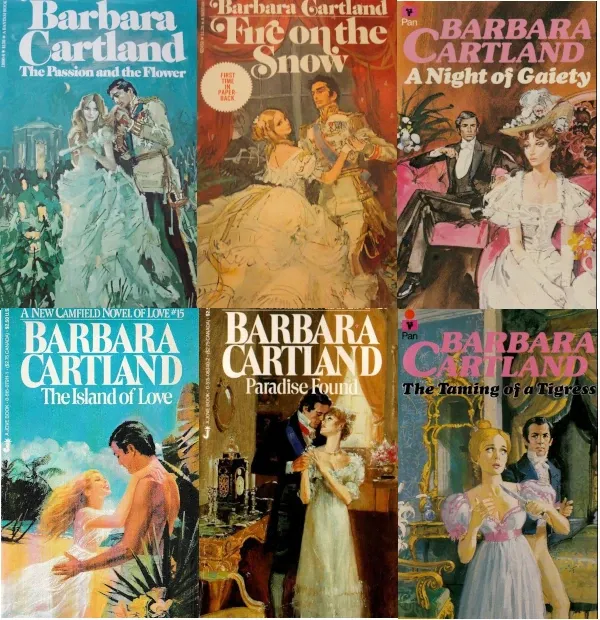6 couvertures de Barbara Cartland où, dans le fond, un homme distingué, à la mode du XIXème siècle, observe avec intérêt une jeune femme dans une robe Belle Époque. Parmi les titres : Paradise Found, Fire on the Snow, The Island of Love ou The Taming of a Tigress.