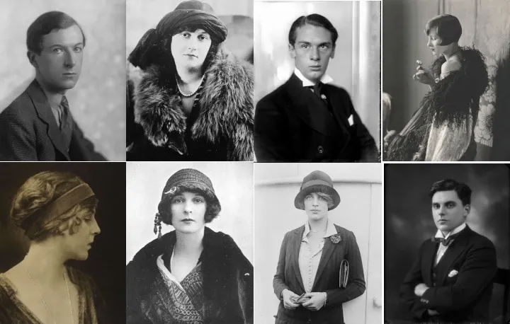 Portraits de jeunes hommes et jeunes femmes en noir et blanc, tous et toutes très chic, à la mode des années 1920, fixant pour la plupart l’objectif droit dans les yeux.