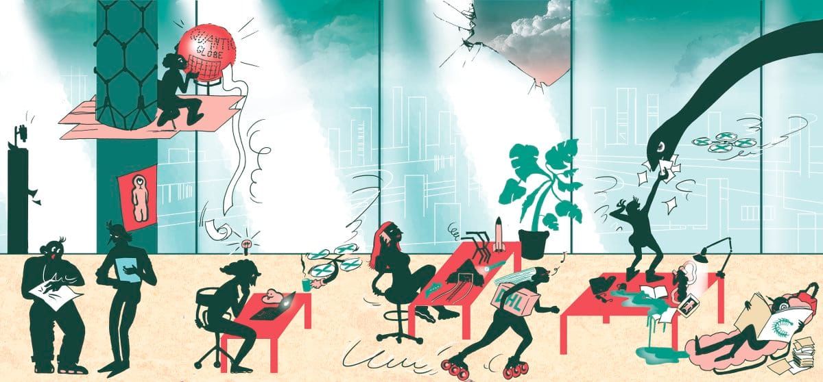 Salle de rédaction imaginaire où l'on trouve aussi bien des drones livreurs de café qu'un brontosaure domestique