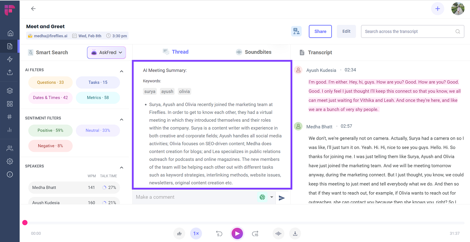 A glimpse of the summary of a meeting by Fireflies.ai