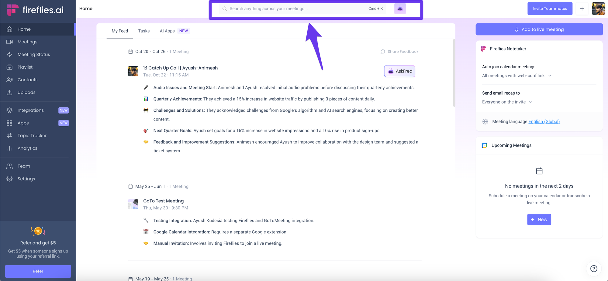 How to view your Google Meet history - Global search
