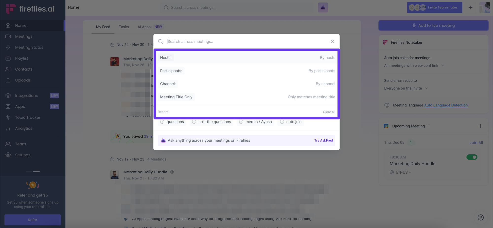 How to view your Google Meet history - Global search filters