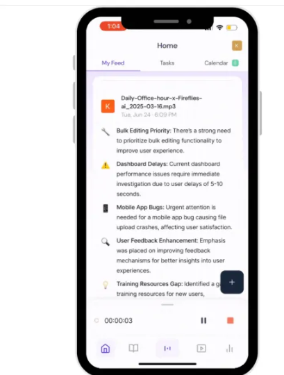 Image of feed inside the Fireflies AI mobile app