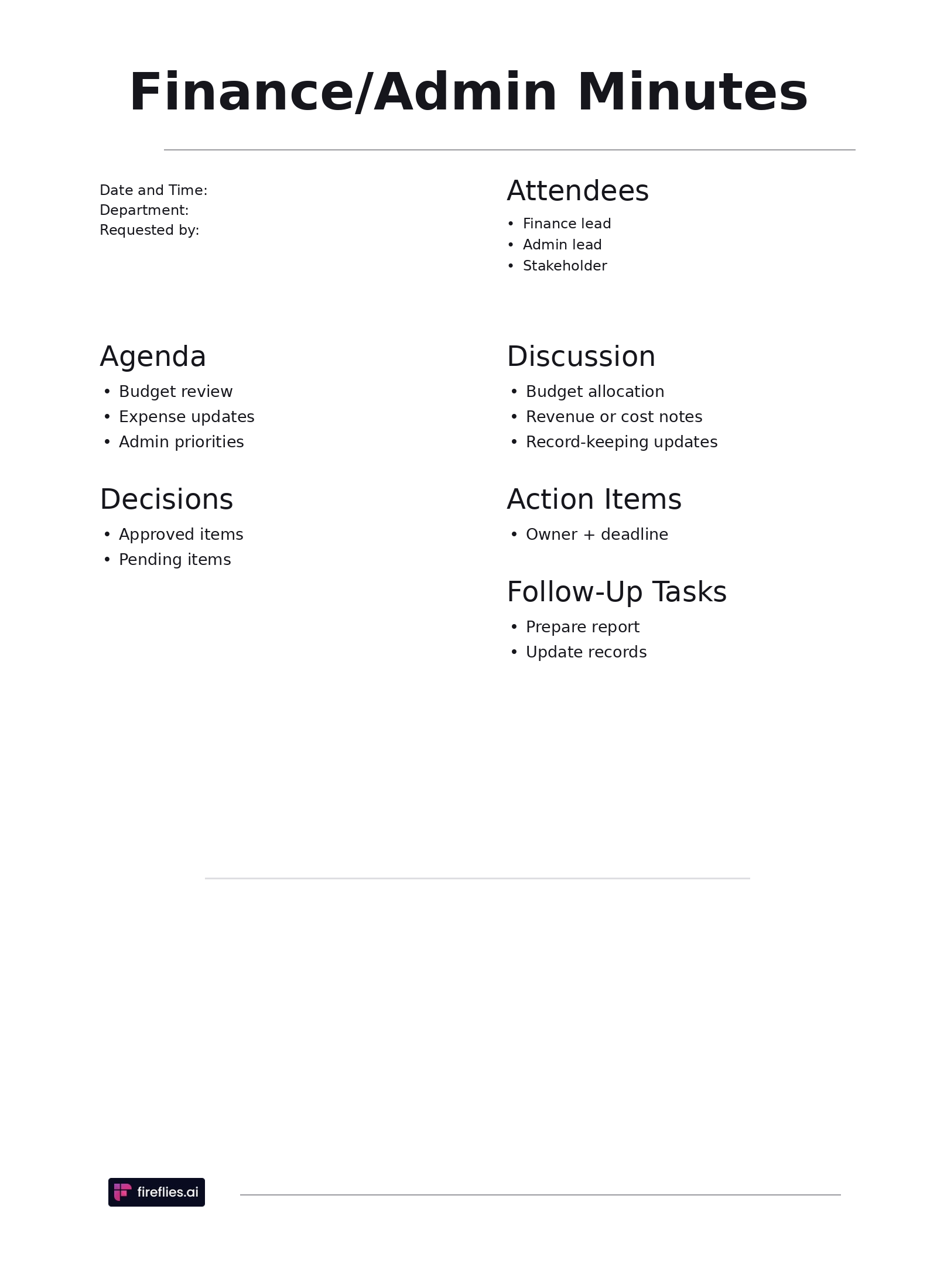 Finance/admin meeting minutes template