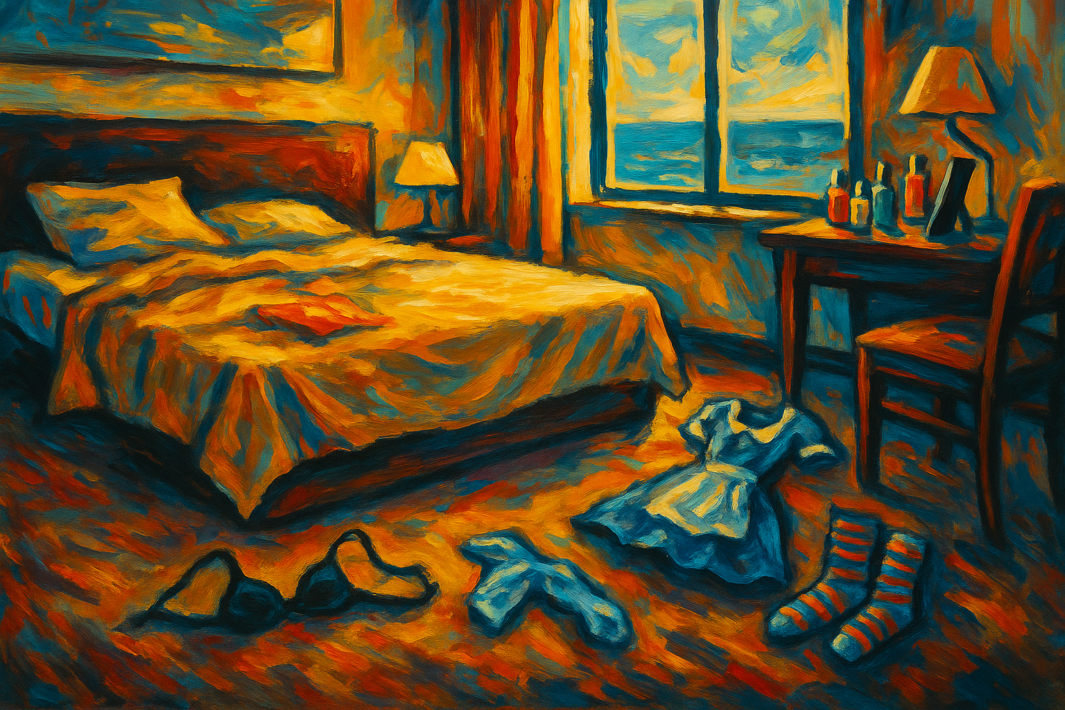 Late‑afternoon hotel room in Okinawa, painted in bold gestural strokes: unmade bed at left, window to a turquoise Pacific, desk at right crowded with tiny serum bottles and a phone propped against a lamp; on the floor, a rose‑pink laced bra, a cobalt feather duster, and striped toe socks.