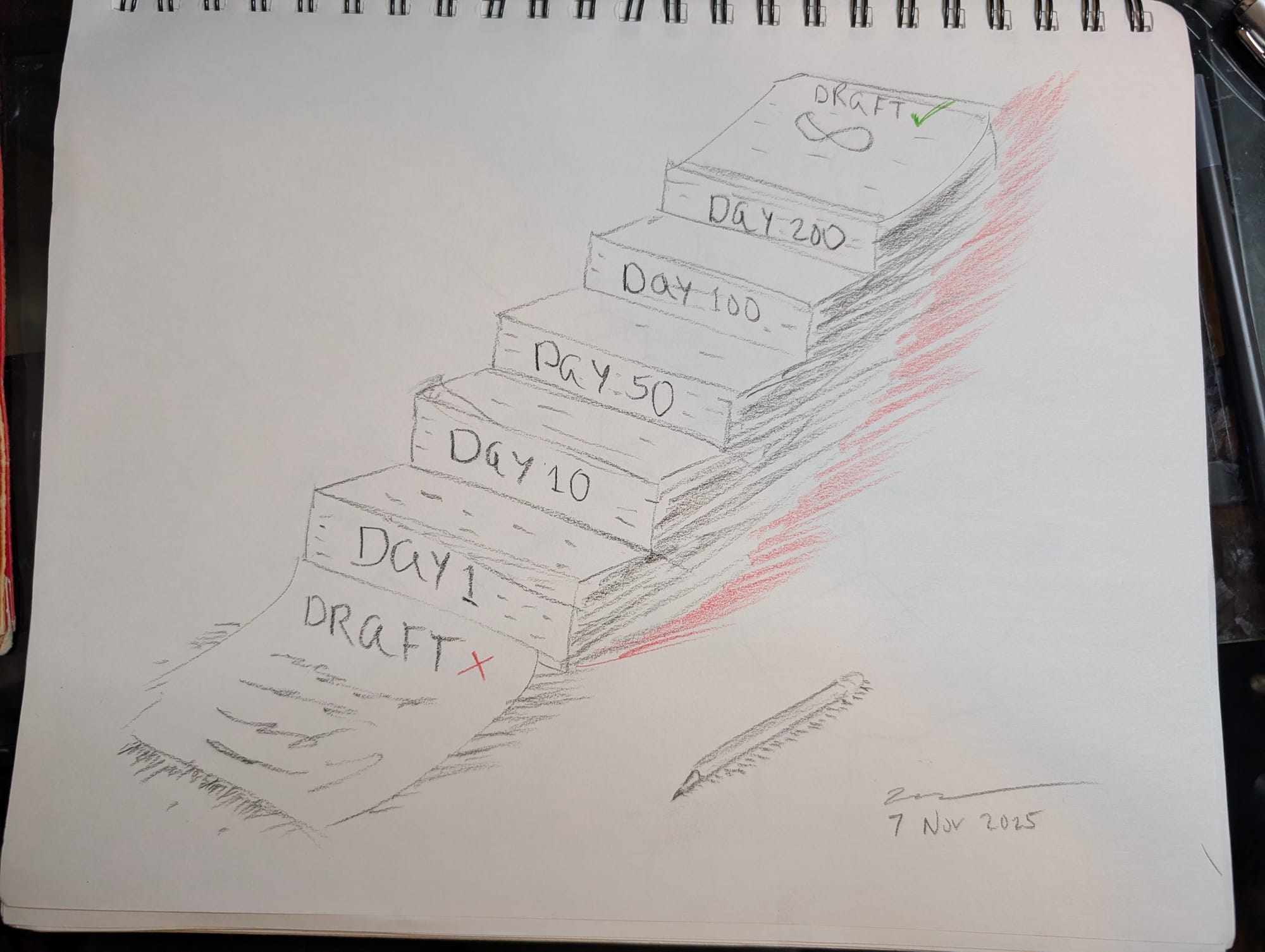 Handdrawing of stairs with writing on it and a pencil