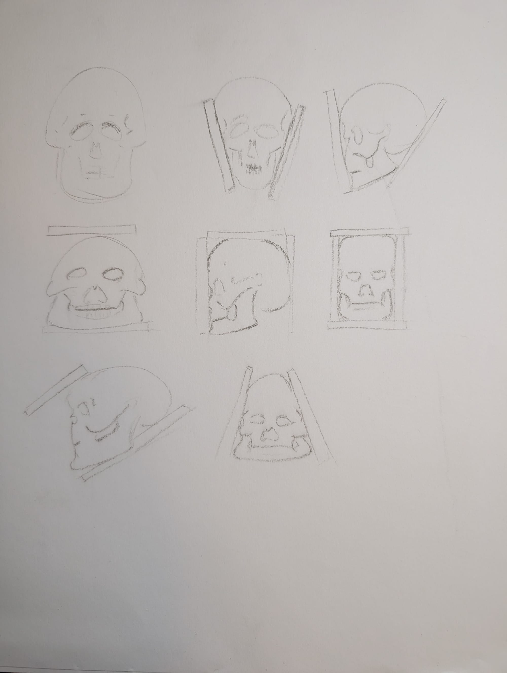 a pencil drawing of 8 skulls