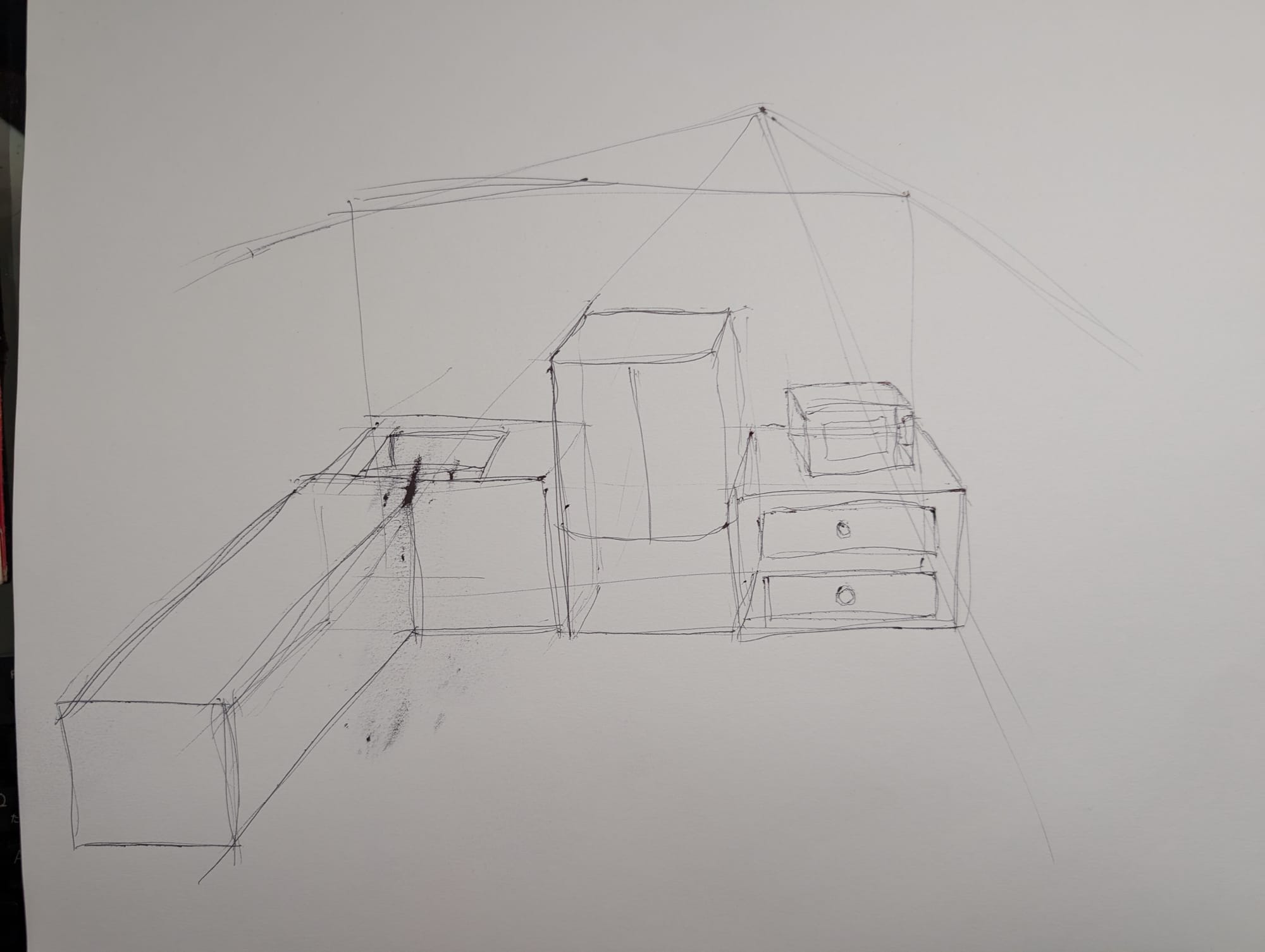 1 point perspective drawing of kitchen in pen