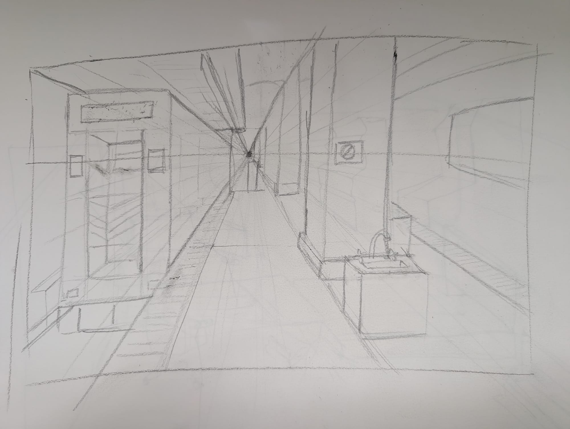 1 point perspective drawing of a subway