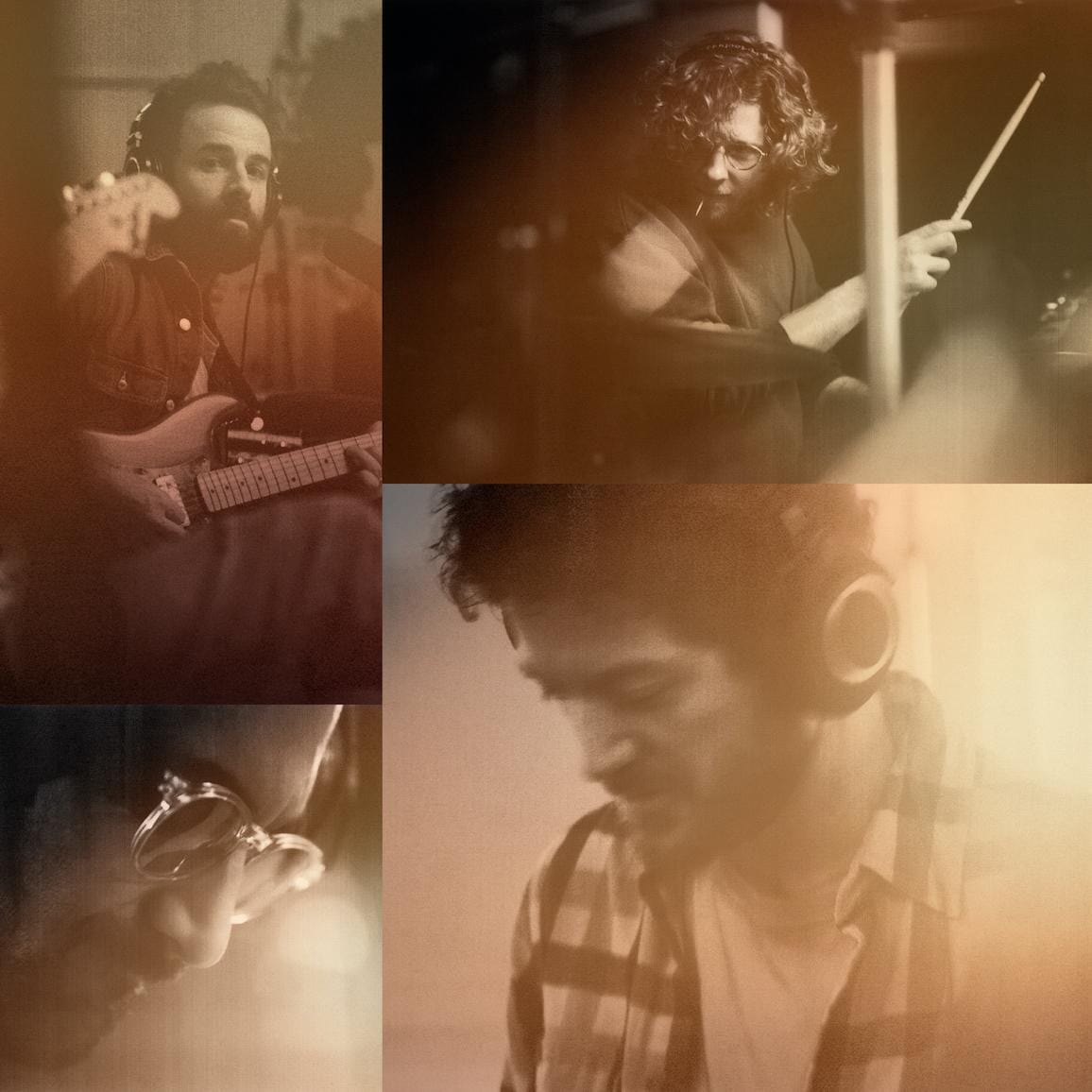 A photocollage of the four members of Dawes performing