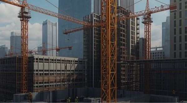 Tower cranes for construction sites nestled among highrise buildings with a few builders visible near the bottom.