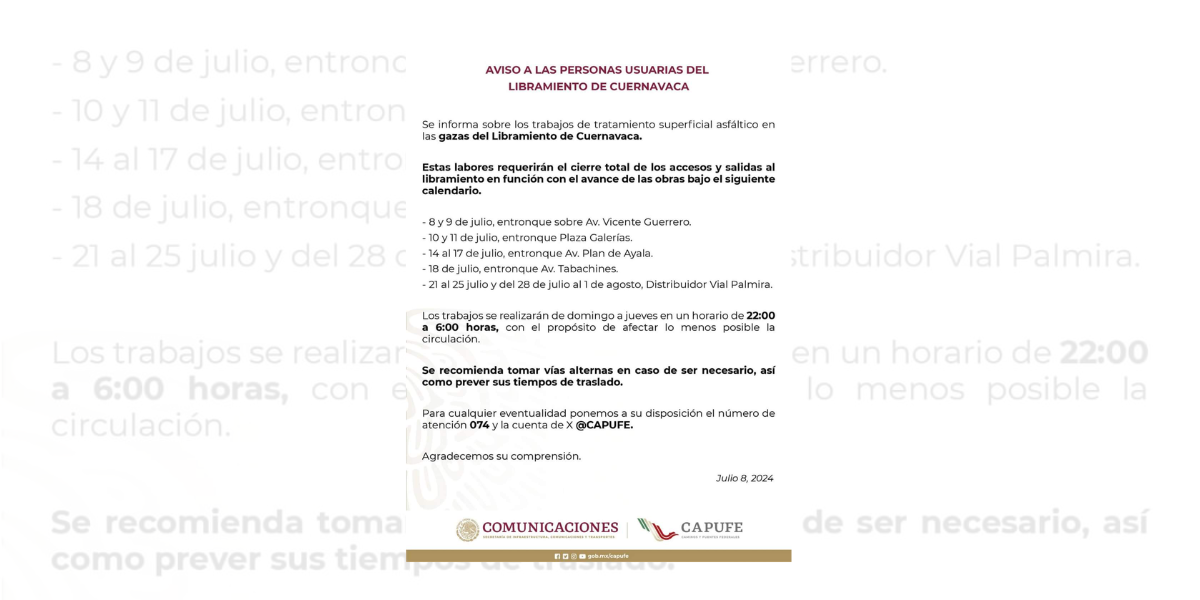 CAPUFE informó sobre los cierres. 