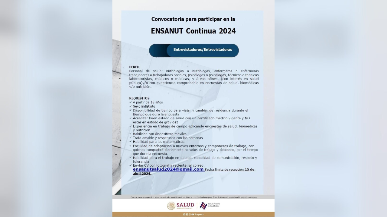 Ofrece empleos la Ensanut