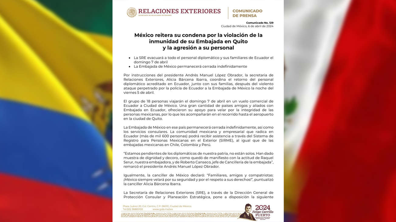 Secretaría de Relaciones Exteriores confirma salida del personal diplomático de México en Ecuador