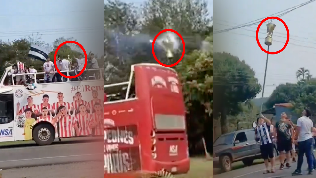 Trofeo del equipo campeón paraguayo queda enredado en cables eléctricos durante festejo