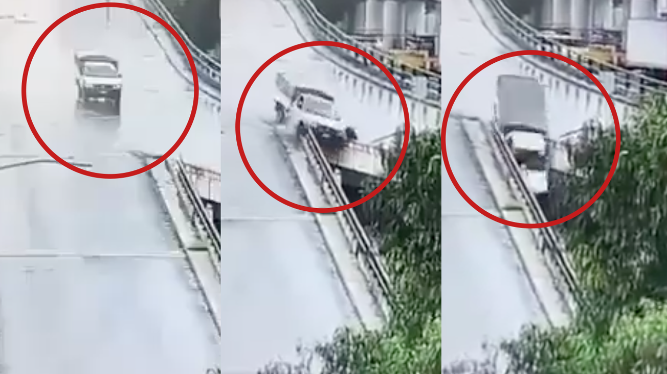 Captan momento en que camioneta cae desde puente en Tlalnepantla