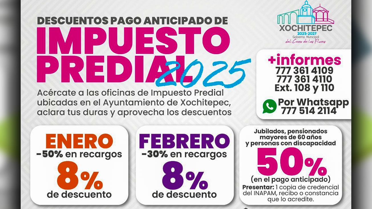 Xochitepec ofrece descuentos en el pago del Predial 2025