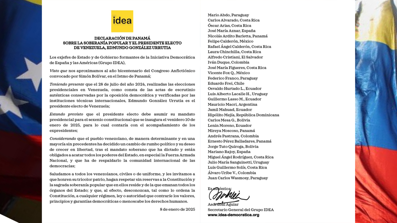 Expresidentes iberoamericanos llaman a los venezolanos a desconocer a Maduro