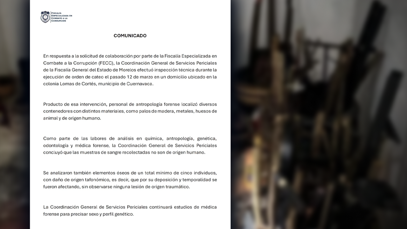 FGE informa sobre análisis de hallazgos en cateo de Cuernavaca