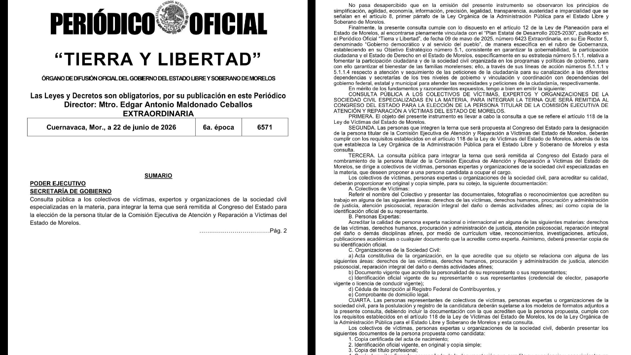 Gobierno de Morelos lanza convocatoria para la Comisión de Atención a Víctimas