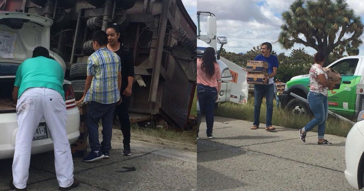 Se voltea tráiler con cerveza y lo vacían