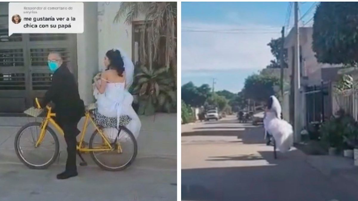 Lleva padre a su hija al altar en bicicleta
