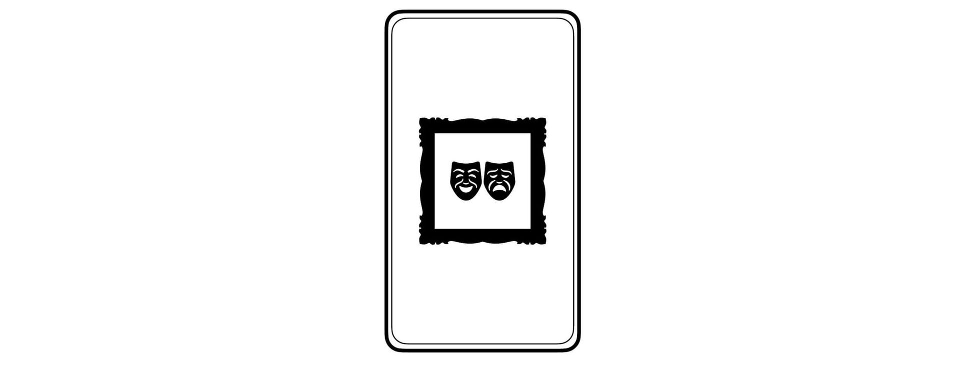 masks of tragedy and comedy in black on a white background in a black frame, as though in a mirror