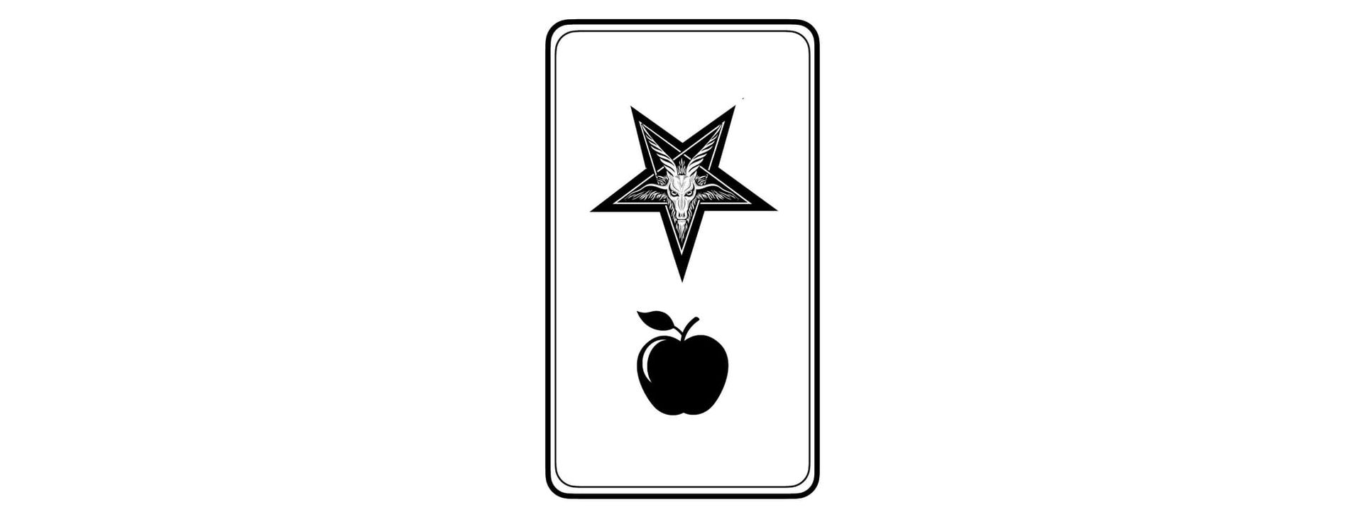 a black pentagram, point down, containing a horned goat head in white, above an apple in black