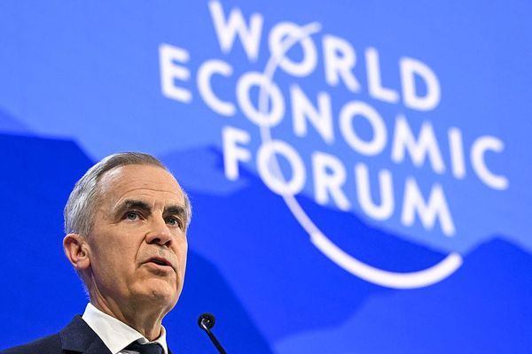 Canada's Prime Minister Mark Carney delivers a speech during the World Economic Forum (WEF) 