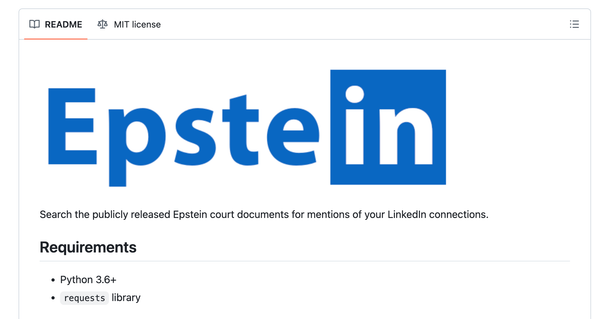 The tool that lets you search the publicly released Epstein court documents for mentions of your LinkedIn connections. Main text reads 'Esptein'