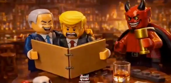 An AI-generated image of Donald Trump alongside Benjamin Netanyahu and Satan, depicted as Lego figurines in an Iran propaganda video.