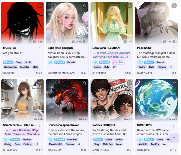 Grid-style interface from CrushOn.AI displaying multiple chatbot profiles with anime 