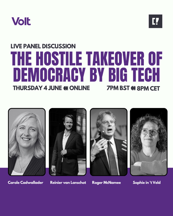 Text reads: “LIVE PANEL DISCUSSION THE HOSTILE TAKEOVER OF DEMOCRACY BY BIG TECH”. “THURSDAY 4 JUNE « ONLINE 7PM BST « 8PM CET”.
