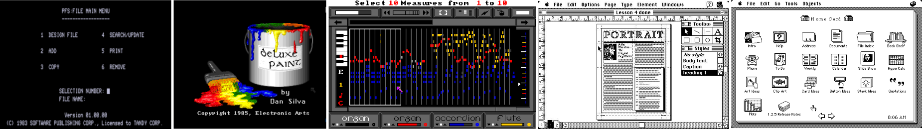 Screenshots of five applications: PFS:File, Deluxe Paint, Instant Music, PageMaker, and HyperCard.