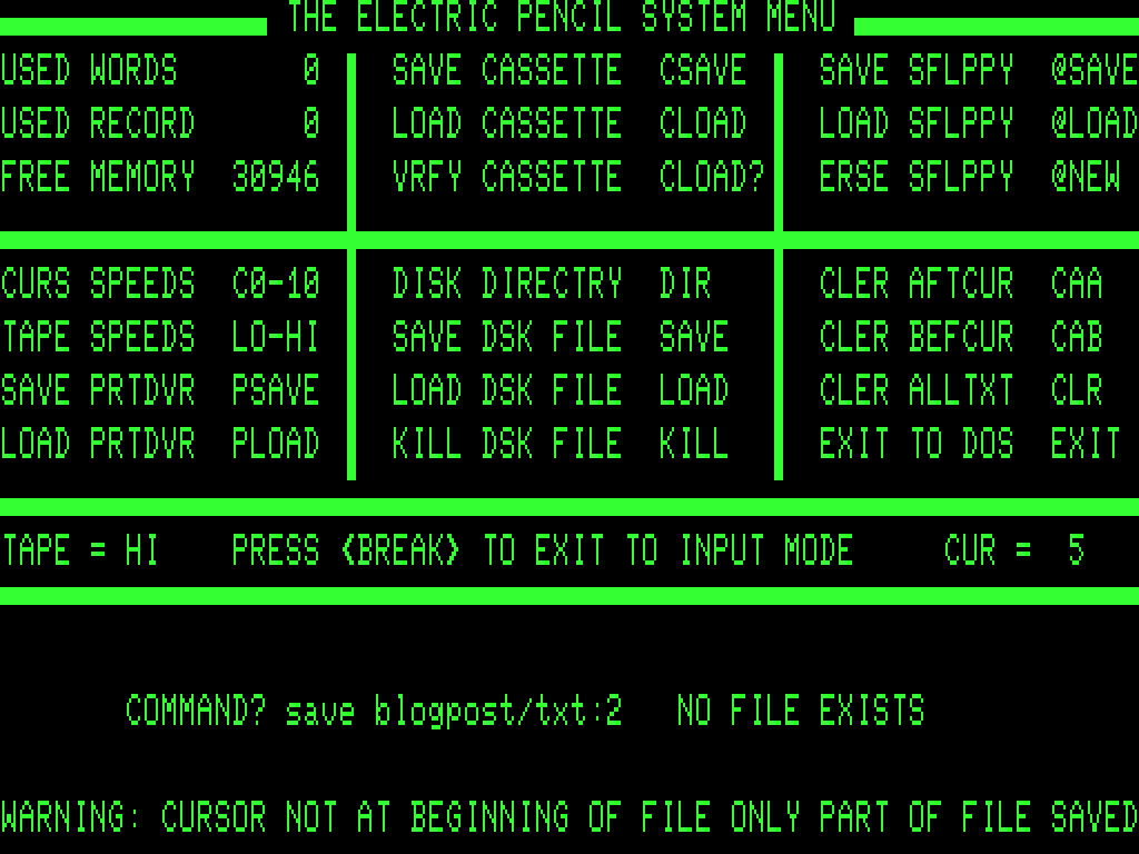 Screenshot of Electric Pencil warning me 'Cursor not at beginning of file only part of file saved' I saw this many times in the beginning.
