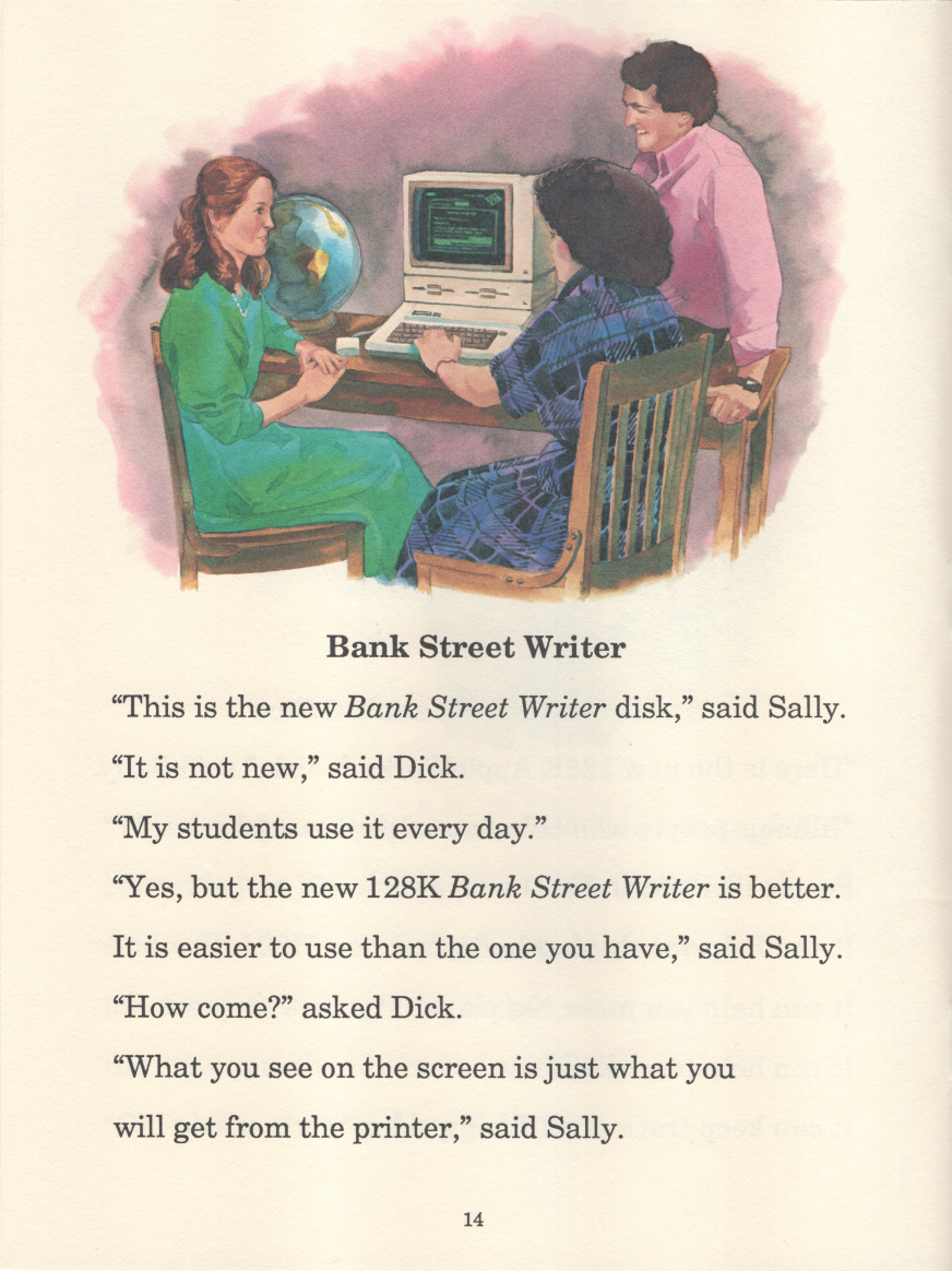 An illustrated page from an Apple-published storybook showing two teachers and a principal gathered around an Apple II computer. Below the illustration, a Dick-and-Jane–style dialogue promotes the new 128K Bank Street Writer, with Sally explaining its improvements and Dick commenting that his students already use the older version.