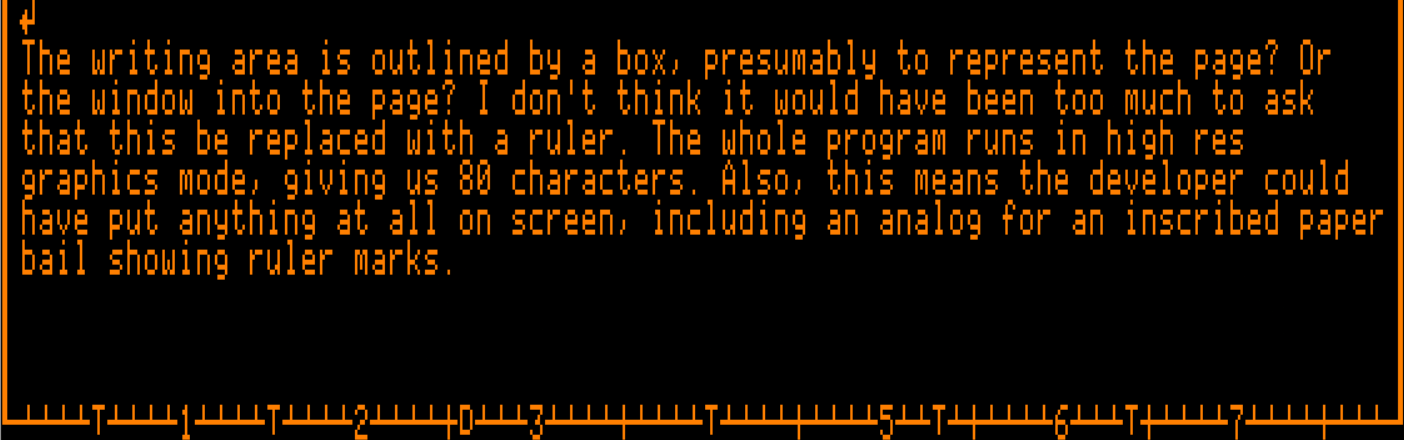 Bank Street Writer showing its text area bordered by a simple box, with a horizontal ruler rendered along the bottom.
