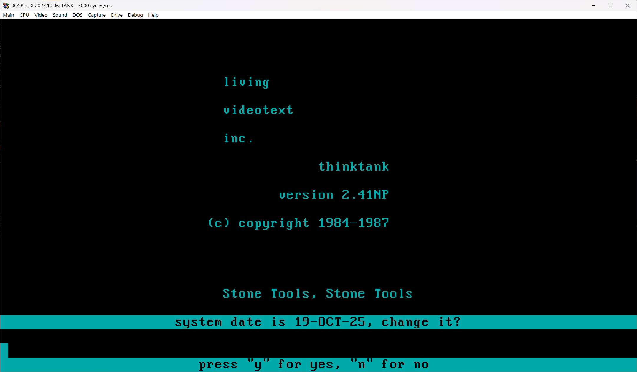 Splash-screen for ThinkTank, a program which seems allergic to capital letters. All text is lowercase, it reads (one word per line, artfully arranged), "living video text inc. thinktank version 2.41NP, copyright 1984-1987" This copy is registered to me as Stone Tools.