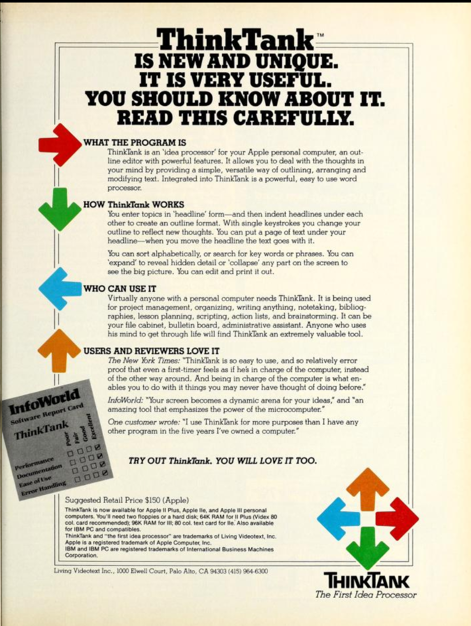 A vintage magazine ad for ThinkTank, titled “ThinkTank is new and unique. It is very useful. You should know about it. Read this carefully.” The page explains what the program is, how it works, who can use it, and includes praise from The New York Times and InfoWorld. A small grayscale “Software Report Card” graphic is pinned beside the text. At the bottom, the ad lists a $150 suggested retail price for the Apple version and shows the ThinkTank logo with multicolored arrows.