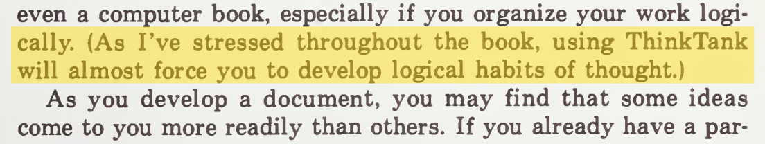 Excerpt from the book, a sentence is highlighted in yellow, "As I've stressed through the book, using ThinkTank will almost force you to develop logical habits of thought."