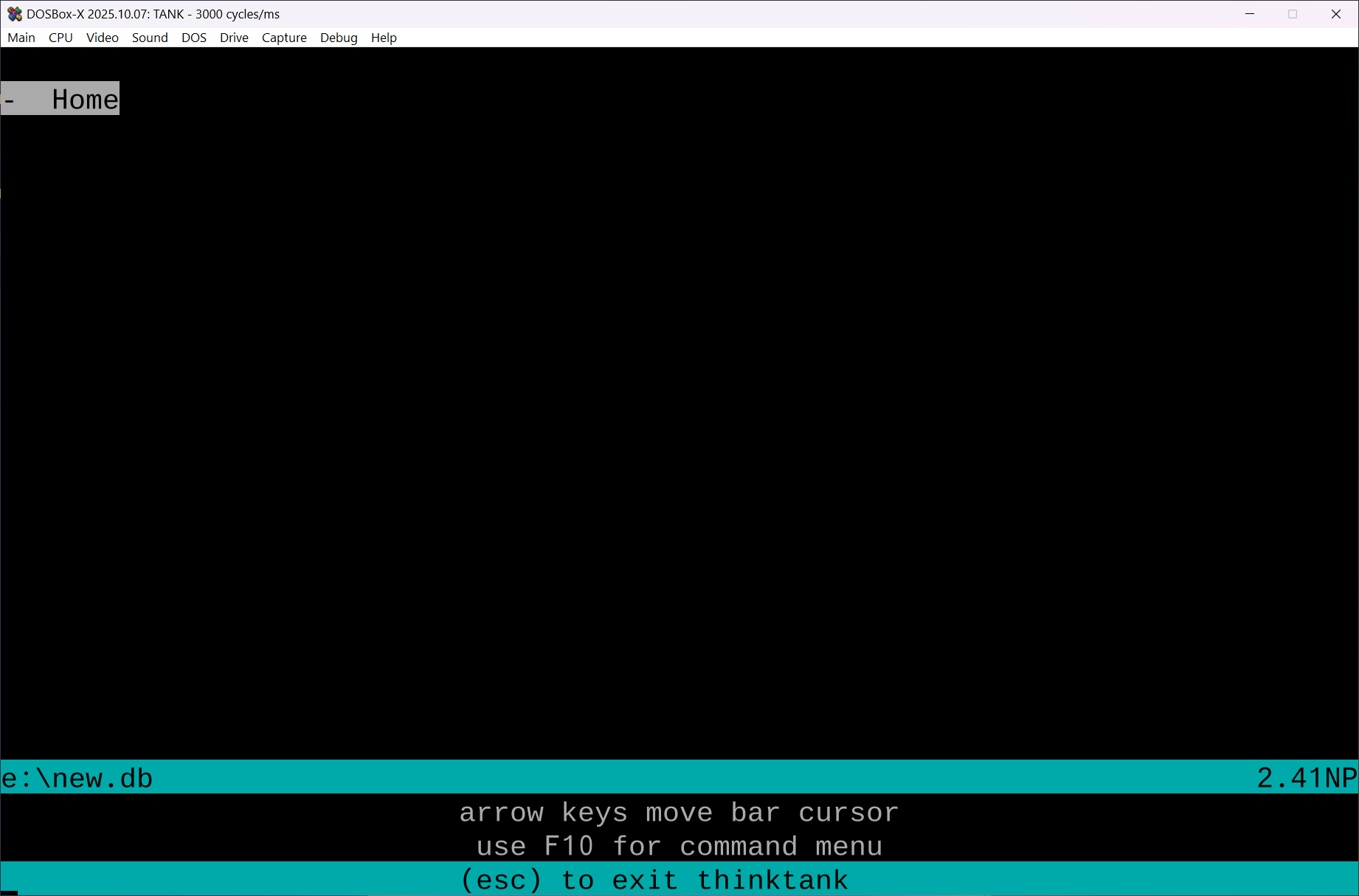 ThinkTank on first launch, an empty screen with the word "- Home" highlighted and nothing else. The bottom-most four lines are, in order, a cyan bar with black text showing file name and software version number. The next two lines are white text on black, read "arrow keys move bar cursor" and "use F10 for command menu". The last line is cyan with black text again reading, "esc to exit thinktank".