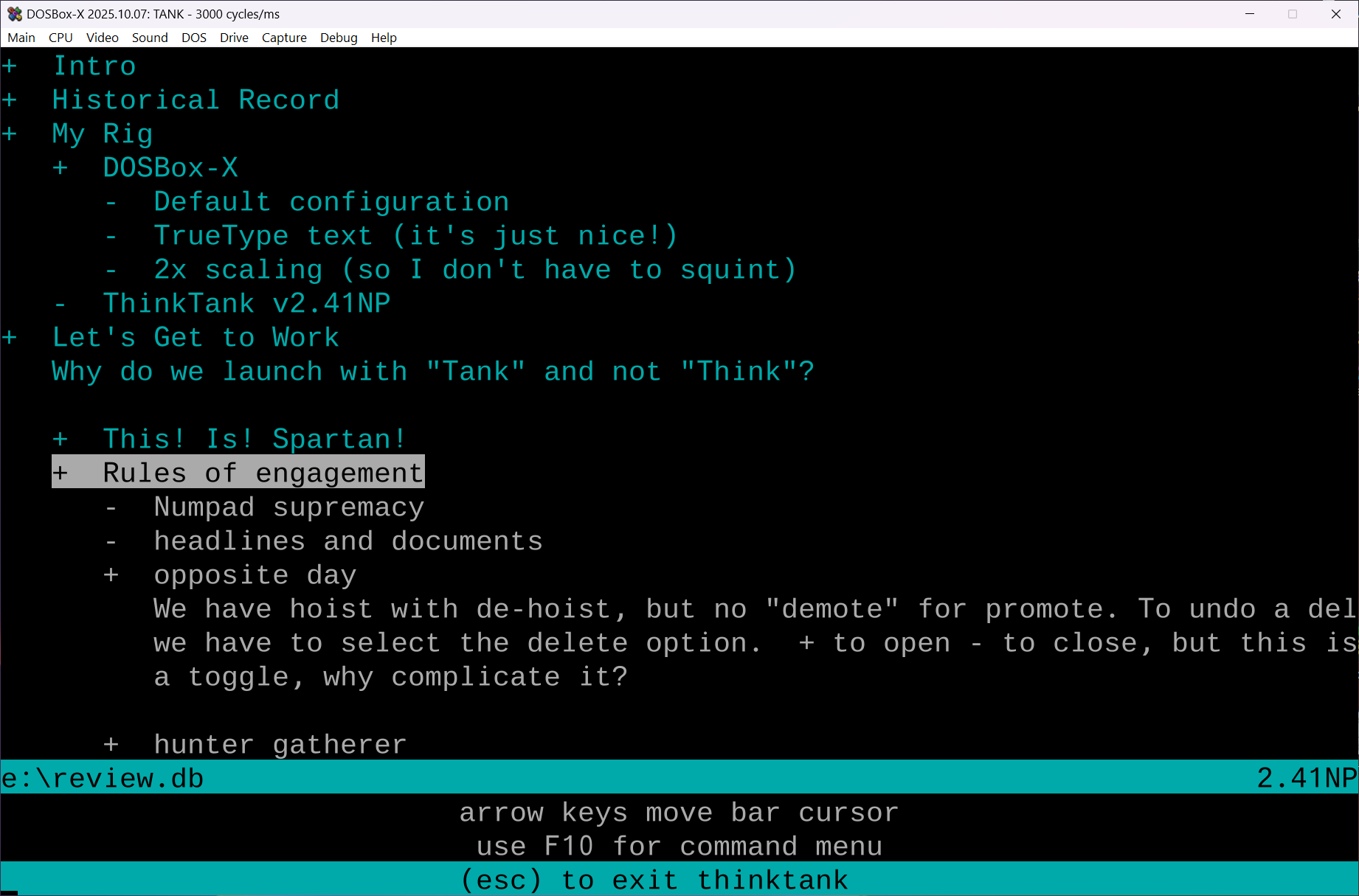 ThinkTank 2.41NP in a DOSBox window, showing a turquoise-and-black outline list. Headings like “Intro,” “Historical Record,” and “My Rig” are collapsed with plus symbols, while “Rules of engagement” is selected under “This! Is! Spartan!” A small block of body text explains quirks of hoisting and promoting. A bottom status bar shows keyboard shortcuts such as arrow keys to move and ESC to exit.