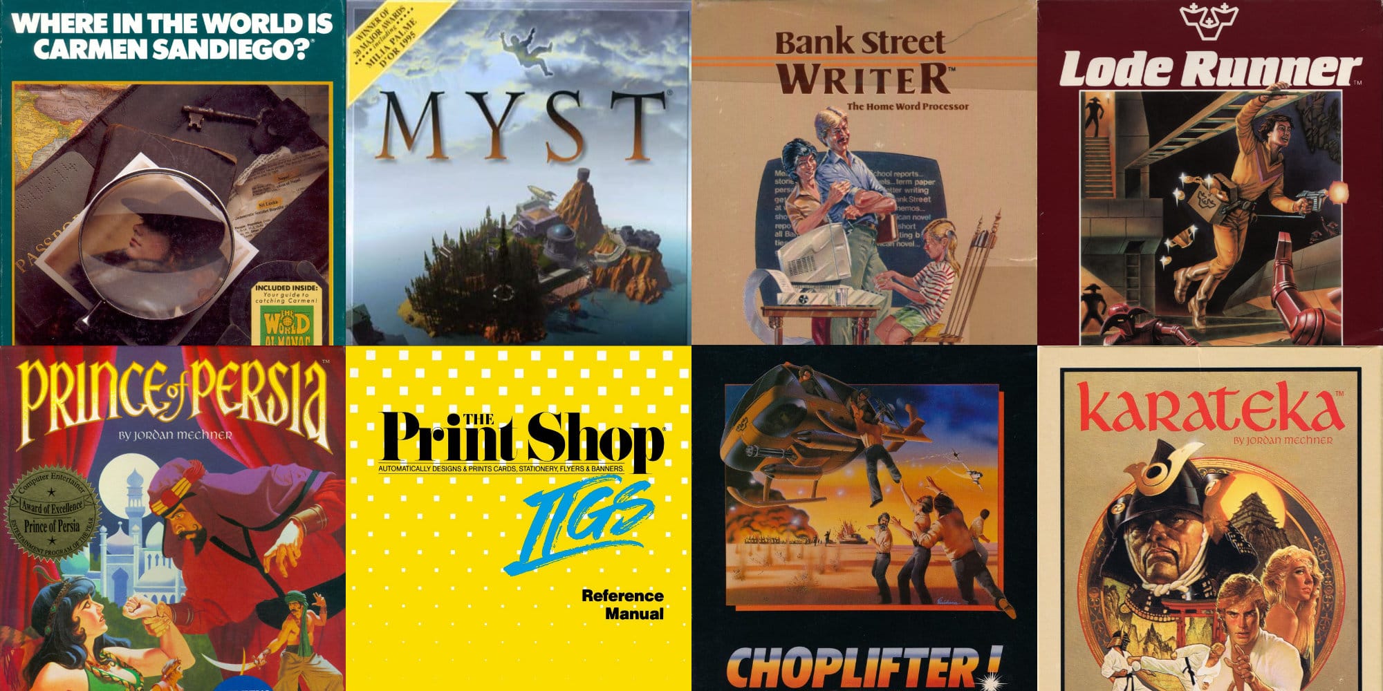 A collage of classic Broderbund box covers, including Where in the World Is Carmen Sandiego?, Myst, Bank Street Writer, Lode Runner, Prince of Persia, The Print Shop IIgs, Choplifter, and Karateka. A reminder of the powerhouse titles the company published.